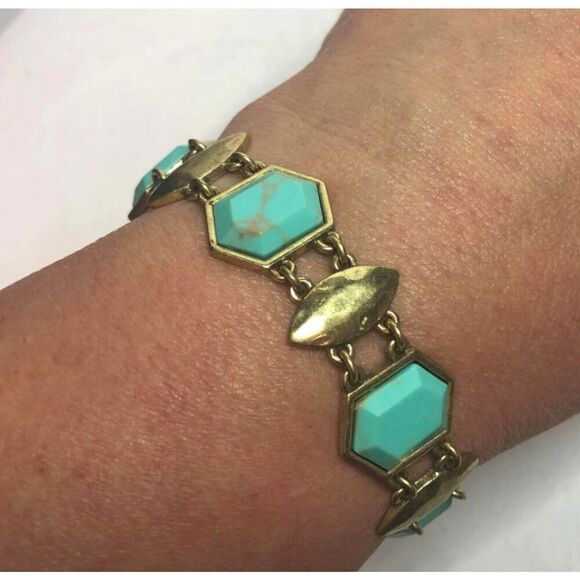 1471 Lucky Brand boho gold tone faux turquoise hammered link bracelet 7" - Picture 1 of 2